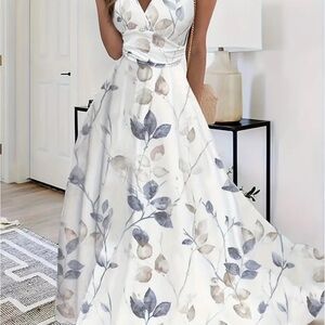 White and Blue Sleeveless Halter Maxi Dress
